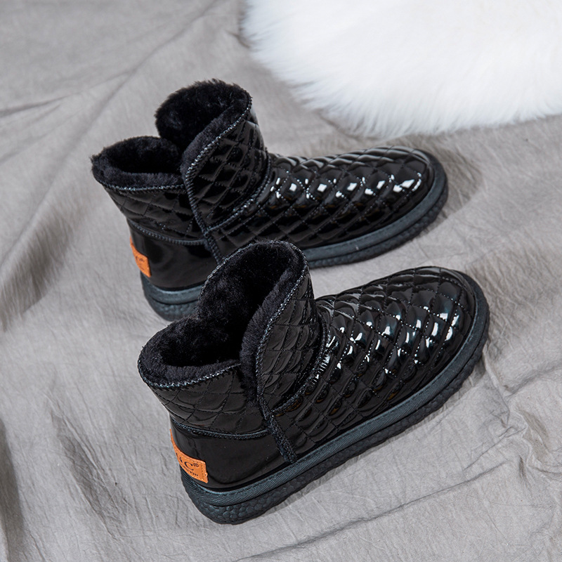 Снежные сапоги Женские зимние хлопчатобумажные сапоги с толстым дном 5cm Короткие хлопковые сапоги с пухом, толстая кожа, водонепроницаемая, скользящая, теплая хлопчатобумажная обувь - 3CM - Черный/Тридцать пять.