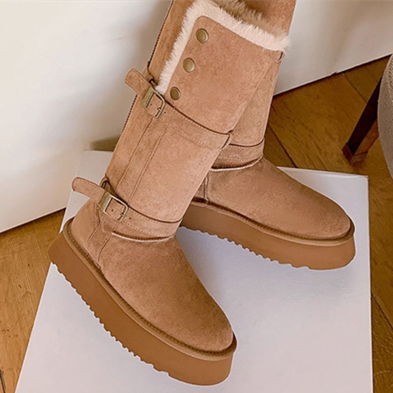 Толстая нижняя пряжка с серой шерстью с перевернутым краном длинные снежные сапоги для детей зима 2025 Новый высокий цилиндр северо - восточные хлопчатобумажные туфли - желто-коричневый/Тридцать пять.