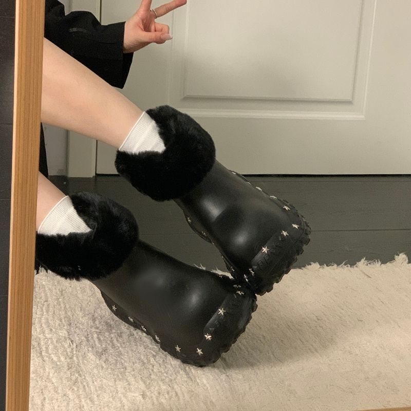 Волосатые ботинки со снегом с увеличенным дном Woman 2025 Новый зимний бархатный теплый водонепроницаемый короткоствольный хлопчатобумажный сапог - Черный - (включая звездные аксессуары)/Тридцать шесть.