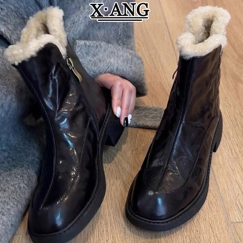 羊皮马丁靴女粗跟瘦瘦靴短靴冬季防滑防水加绒加厚保暖羊毛雪地靴 - 高定专柜版真皮黑色./35