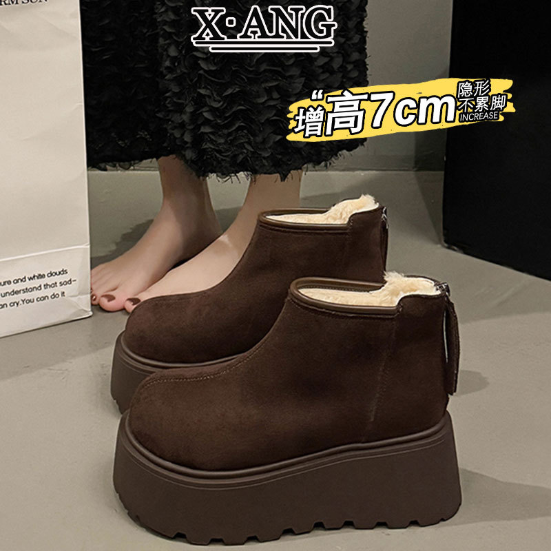 牛皮羊毛雪地靴女款加绒加厚保暖东北棉鞋厚底增高马丁靴勃肯短靴 - 高定专柜版真皮咖啡色./34