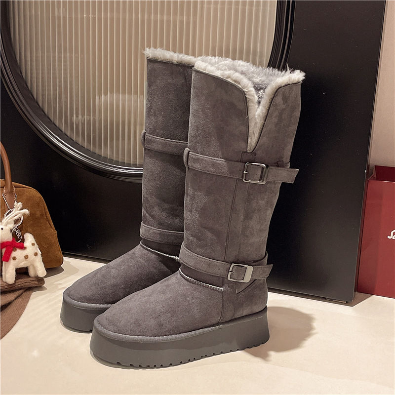 Обувь серая с толстым дном Woman Winter 2025 с двумя длинными стволами, толстыми, теплыми, хлопчатобумажными туфлями - Серый (длинный цилиндр)/Тридцать пять.