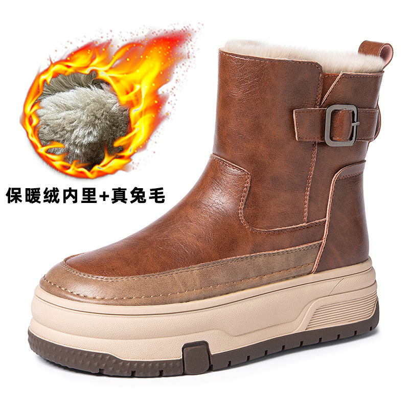 真皮兔毛雪地靴女2025冬季厚底加绒短靴防水防滑加厚保暖东北棉鞋 - 棕色（真皮兔毛厚棉）/35#（轻软厚底5厘米）