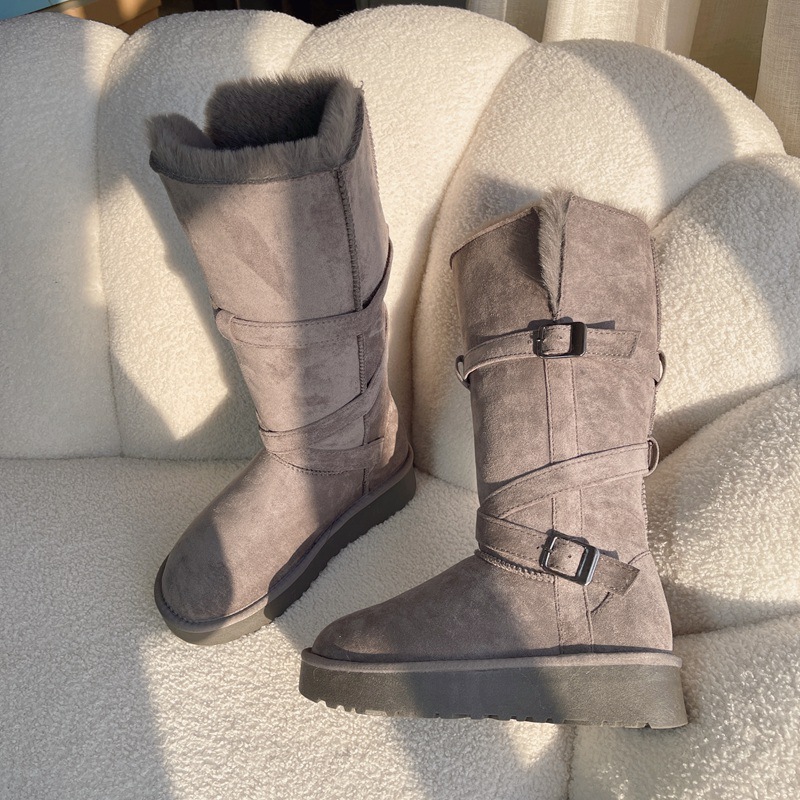 Новая богиня с настоящими мехами, окруженная пряжкой с круглой головой, теплой, толстой подошвой, длинными волосатыми сапогами из снега, женщина зима - каштановый/Тридцать пять.