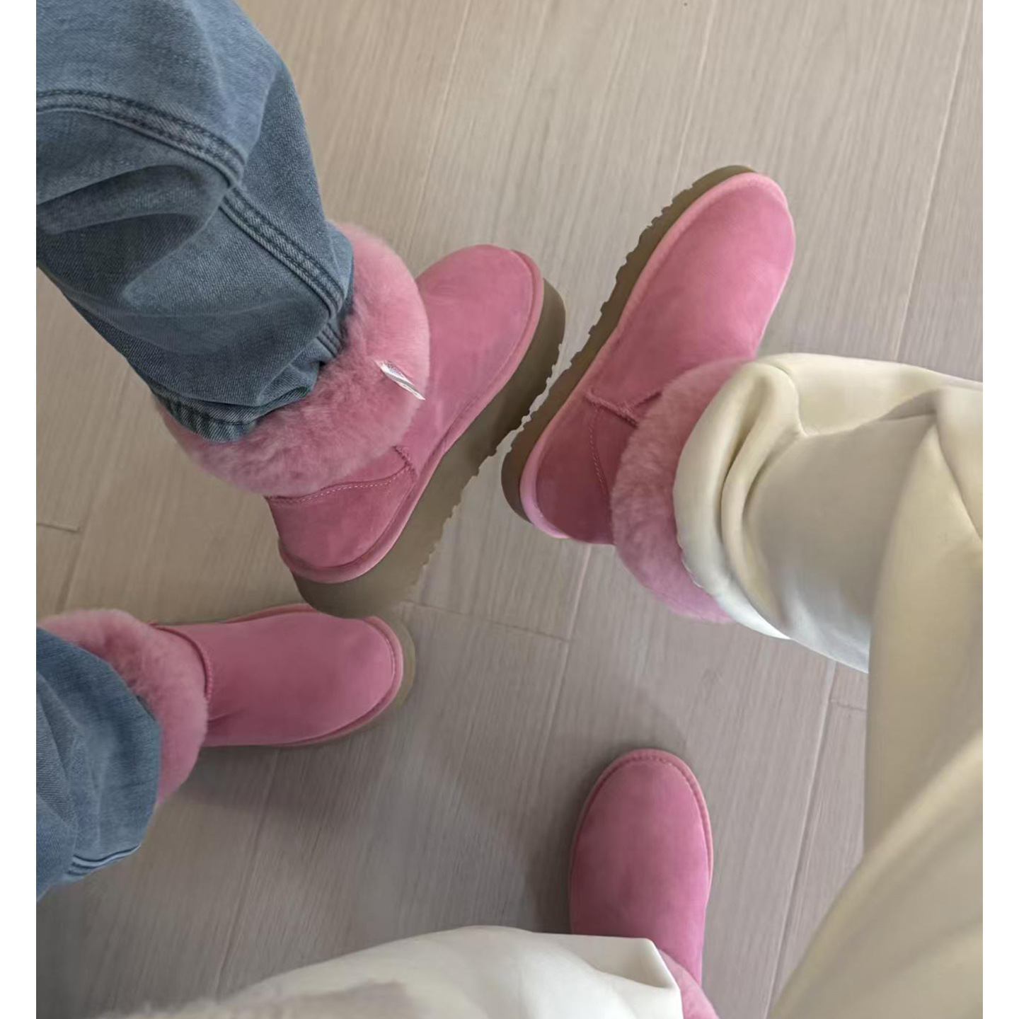 Красивые розовые снежные сапоги с толстым дном, ягненок, шерсть с кашемировым молотком, короткие сапоги, новые теплые сапоги. - Розовое толстое дно (слева)/Тридцать пять.