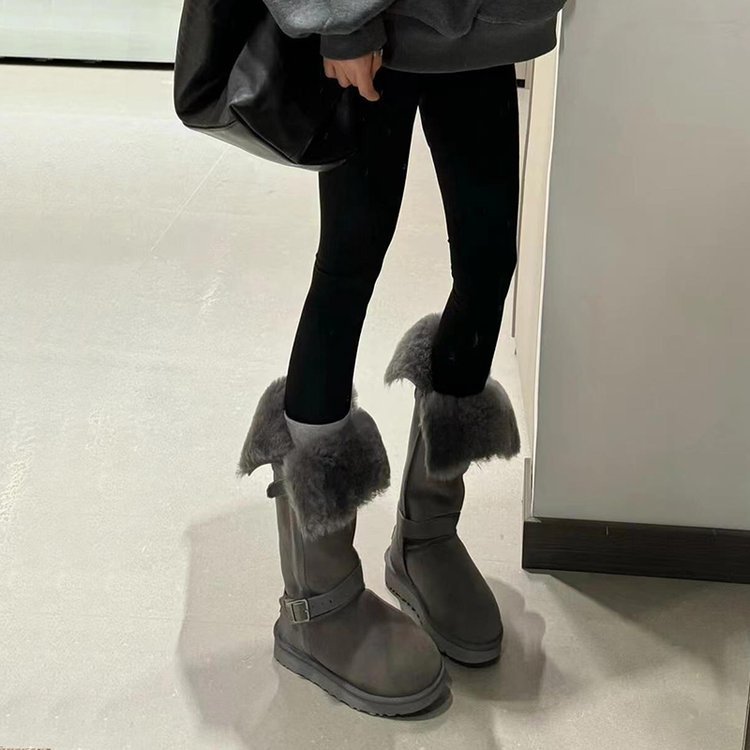 Овчинная кожа ~ толстое дно с тонким мехом в одном из средних сапог женские 2025 новые пуховые толстые теплые хлопчатобумажные туфли - серый/Тридцать пять.