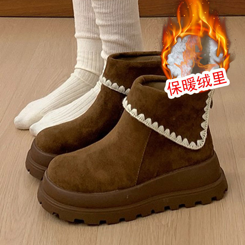 Туфли с толстым дном, высокие снежные сапоги, короткие женские сапоги, зимние плюшевые и теплые 2025 новые хлопчатобумажные туфли - Кофейный цвет/Тридцать пять.