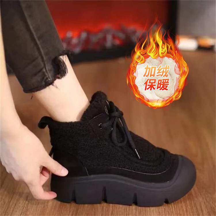 Женские хлопчатобумажные туфли Зимние туфли с плюшем, согревающие ягненка, шерсть, снег, мягкие подошвы, модные женские туфли. - чёрный/Тридцать шесть.