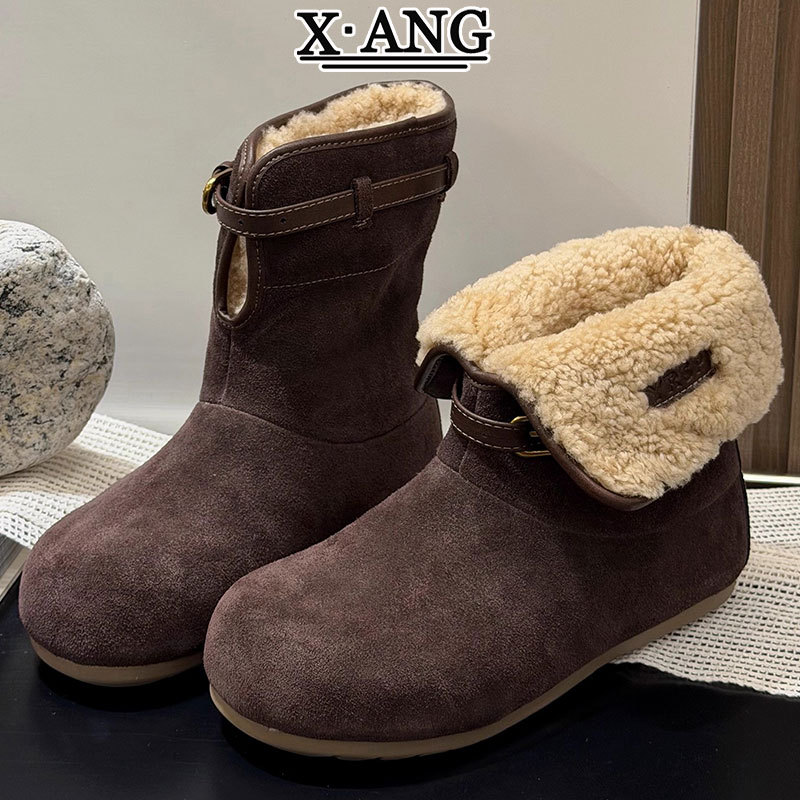 真皮毛一体桑坡雪地靴女款冬季加绒加厚保暖东北大棉鞋子勃肯短靴 - 高定专柜版真皮咖啡色./35