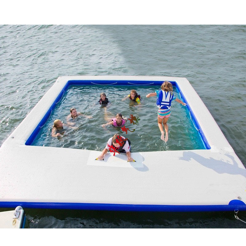 水上带网泳池充气户外游艇泳池设备海上豪华泳池浮台 - 进口拉丝气垫泳池4*4M