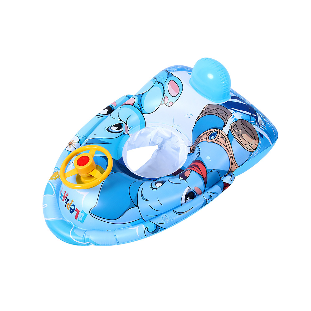 跨境儿童卡通喇叭艇PVC充气小游艇夏日水上宝宝方向盘游泳裤兜圈 - 蓝色/75*50CM