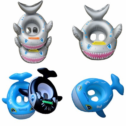 现货儿童游泳圈鲨鱼座圈带把手小游艇鲸鱼泳圈充气座圈动物坐艇 - 黑色鲨鱼/70*55