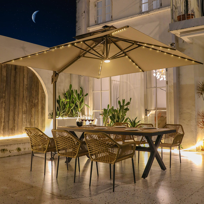 Столы и стулья снаружи, двор с зонтиком, балкон под открытым небом, вилла, сад, плетеный плетеный плетеный плетеный стул на открытом воздухе - Солнечный 3 - метровый зонт + кресло RCH 6 + 220 * 90 см Технологический деревянный стол