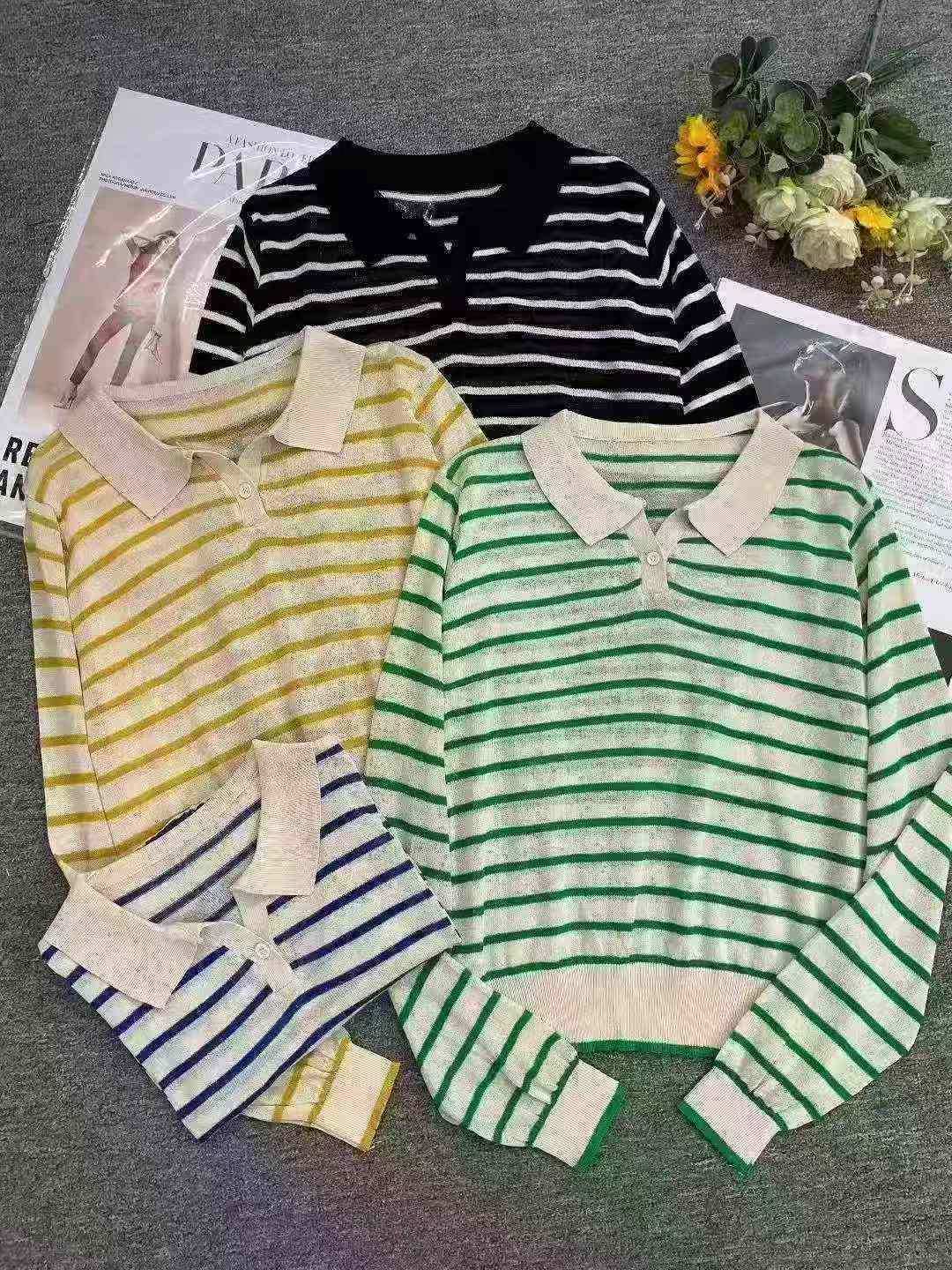 1150 штук ранняя осень новый корейский свободный высокочувствительный полосатый трикотажный свитер с длинным рукавом Polo, независимая упаковка, однородная ткань мягкая и удобная, свободная, полная чистота 5,8 балла + 1