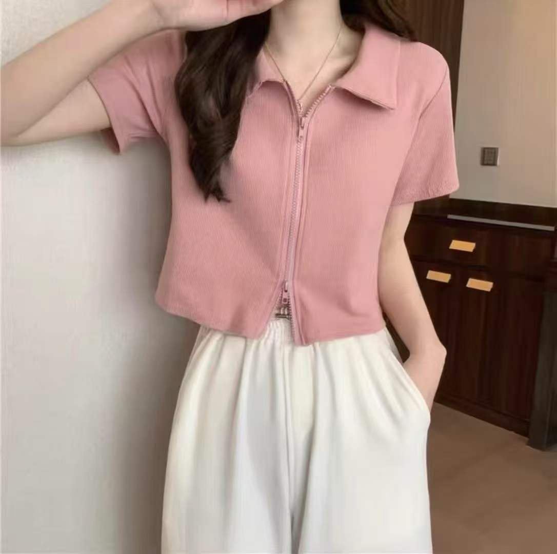 [Луна]: 5.5.9 Очистить 105 шт. (без разделения) [Луна]: розовый Polo воротник с двумя молниями короткие рукава горячая девушка хлопчатобумажная блузка [Луна]: монохроматическое качество ️