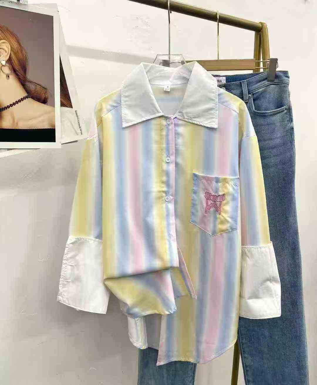 Ленивый ветер радуга ударяет по цветной полосатой рубашке 85 шт. 9.5, ударное сращивание, вышивка с буквенным рисунком, дугообразный дизайн под маятником, чувство провисания, число ярдов 1 - 3 (S - L), отдельная упаковка