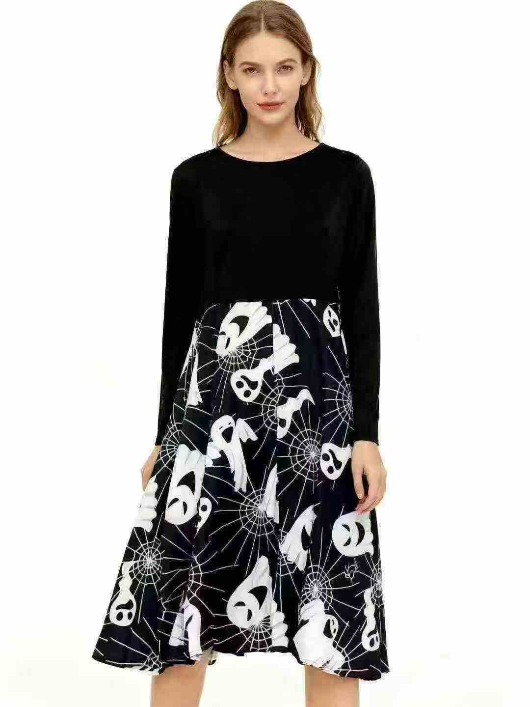Трансграничная электронная коммерция Хепберн ретро Хэллоуин печать с длинными рукавами платье с большим маятником лента, независимая упаковка молнии, 410 штук, XL-4XL， Полностью 8.8