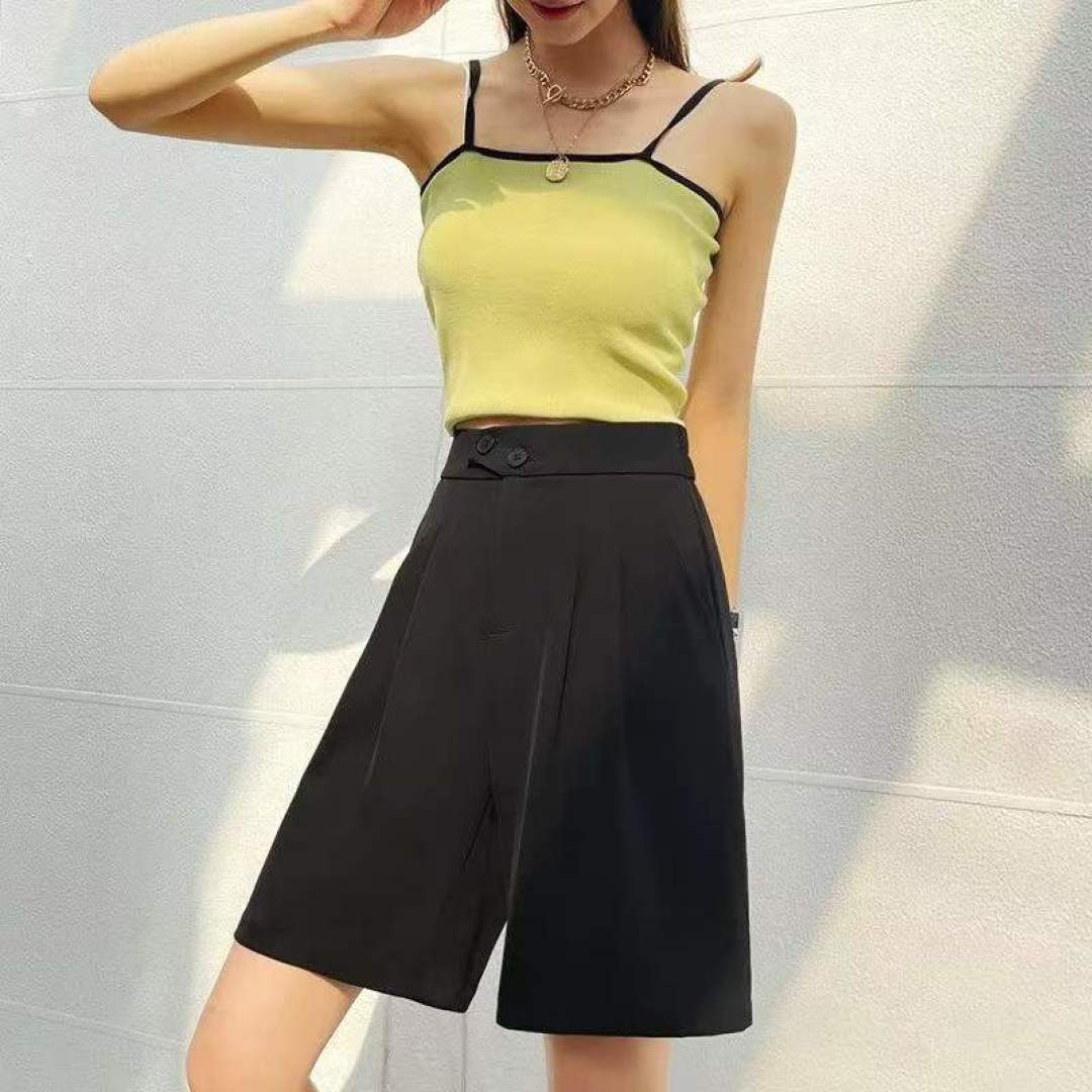 [Луна]: 6.8 Чистая 476 [Луна]: Летний отдых Полупругие пуговицы на талии Чувство свисающей пятиминутной брюки [Луна]: Независимая упаковка черного очень мало