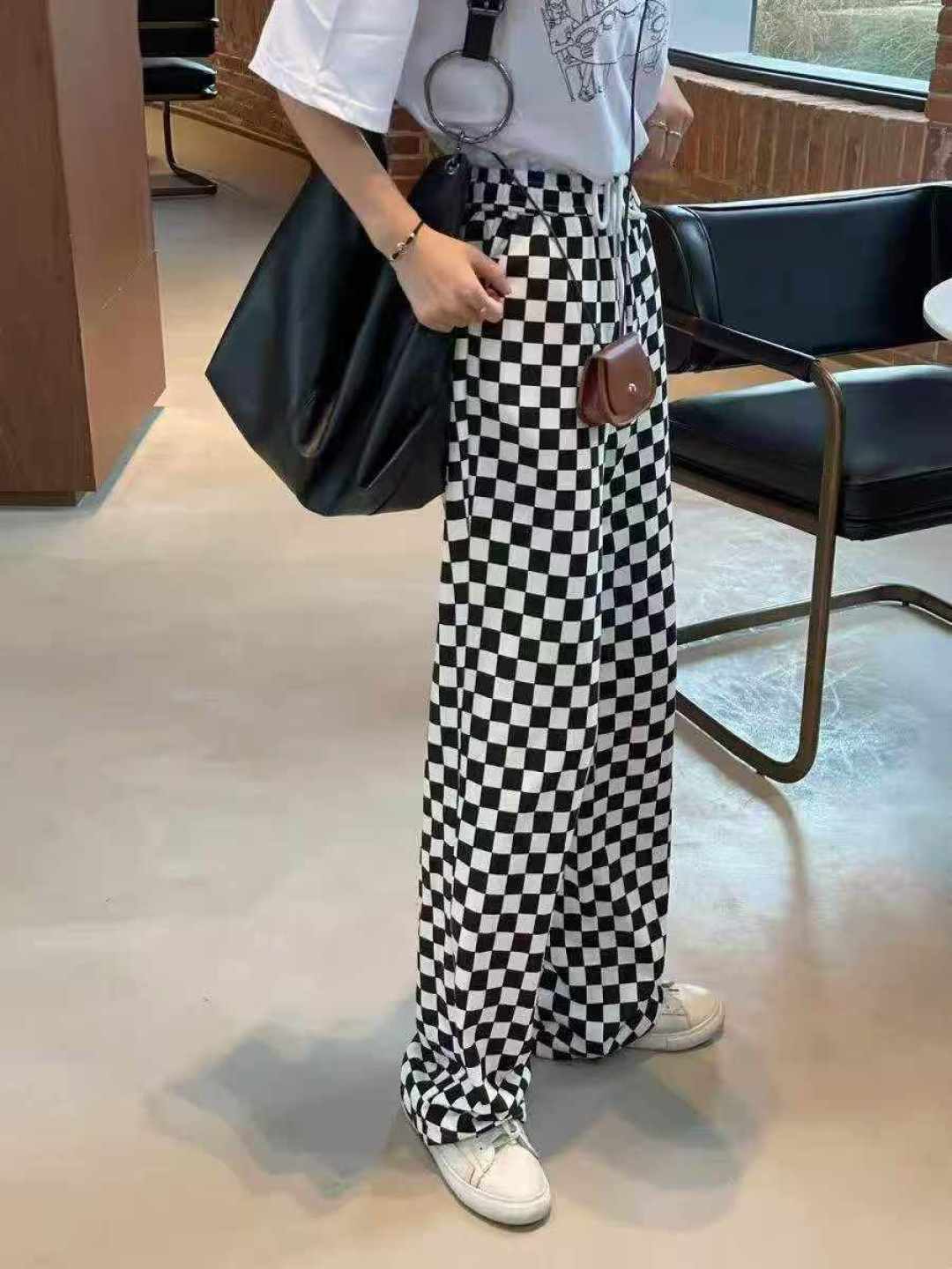 113 шахматная доска Спортивные женские брюки новые свободные брюки черно - белые сетки прямые брюки с широкими ногами, размер 1 - 5, независимая упаковка, полная чистка 8,8 мин. + 1