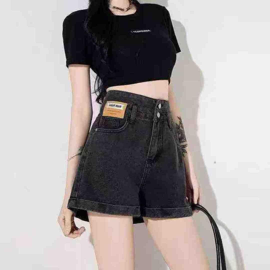 Товар 8.8. ➕ 1 Черные двойные пряжки с высокой талией рулонные ковбойские шорты Woman летом 2025 года новый свободный заметно худой 100 с широкими ногами горячие брюки, количество 316, кодовое число XS - XL, независимая упаковка, товар чистый, черный в основном. - XS