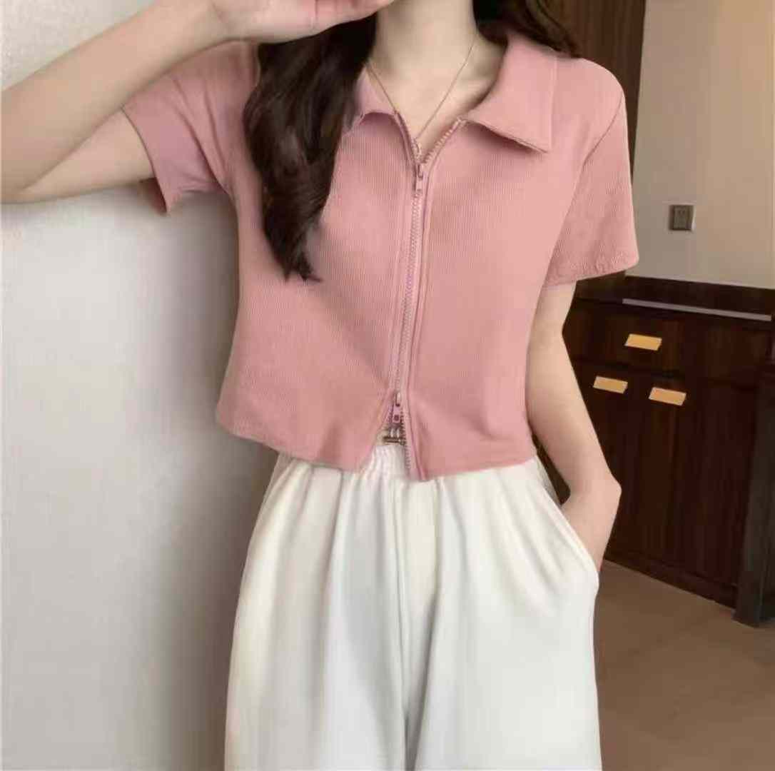 [Луна]: 5.5.9 Очистить 105 шт. (без разделения) [Луна]: розовый Polo воротник с двумя молниями короткие рукава горячая девушка хлопчатобумажная блузка [Луна]: монохроматическое качество ️