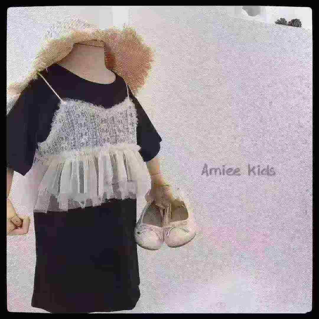 Полная очистка 5.9150 женщин, средних и старших детей, среднее и длинное платье, летнее платье, морское платье, корейская версия кружева с короткими рукавами, поддельные две футболки с подтяжками, юбки одного цвета, код 2 - 7 (120 - 170) отдельная упаковка.