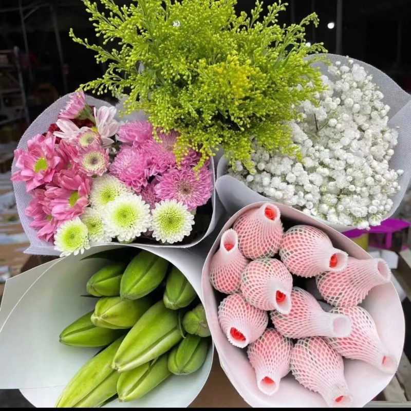 Цветы с бутонами лилии розы подсолнухи гвоздики незабудка - Розы + лилии + гвоздики + маргаритки + трава/Цветы - 15 шт.